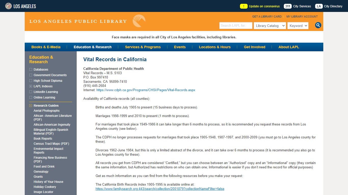 Vital Records in California | Los Angeles Public Library